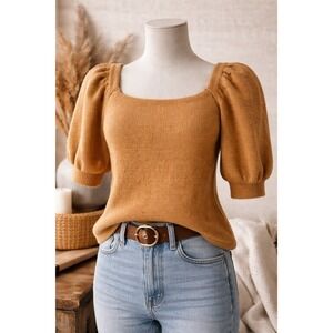 English Factory Camel Knit Puff Sleeve Sweater Size L Soft Cozy
